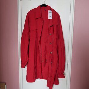 YOINS Plus Size Red Notch Collar Belt Design Button Design Long Sleeves Coat
